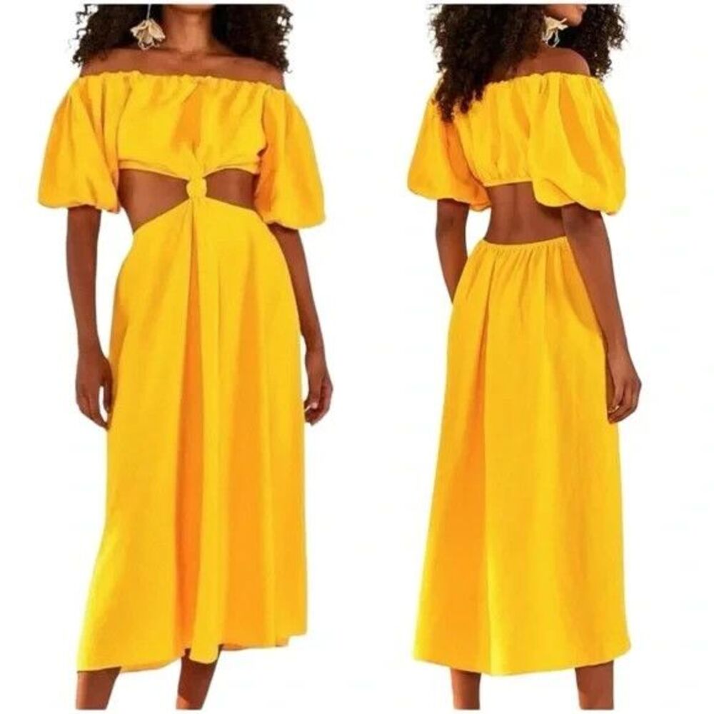NWT FARM Rio Off-Shoulder Cut-Out Puff Sleeve Midi Dress S Tropical Cottage Boho